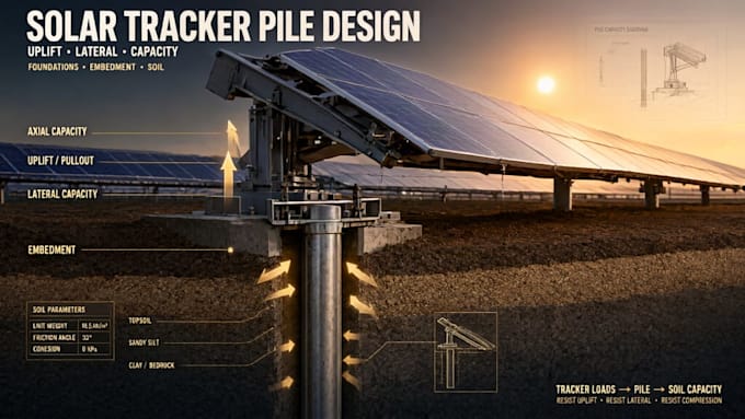 design solar tracker piles, foundations, uplift and lateral capacity