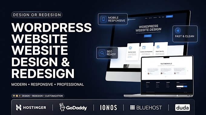 design or redesign wordpress website hostinger godaddy ionos bluehost duda