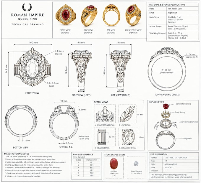 create bracelet,ring, jewelry cad design and technical drawing for manufacturing
