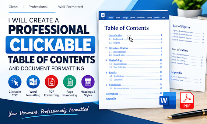 create a professional clickable table of contents and document formatting
