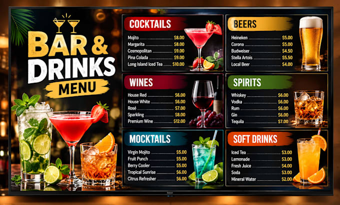 design bar menu, cocktail menu and drinks menu for restaurants