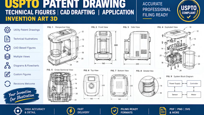 uspto patent drawing technical figures cad drafting application invention art 3d