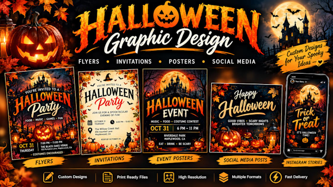 design halloween flyers, invitations and social media posts