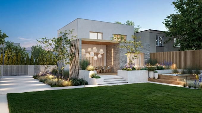 modify building elevation, house facade redesign, outdoor living space render