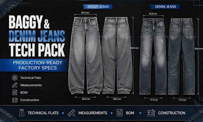 create baggy jeans tech pack and denim jeans tech pack for production use