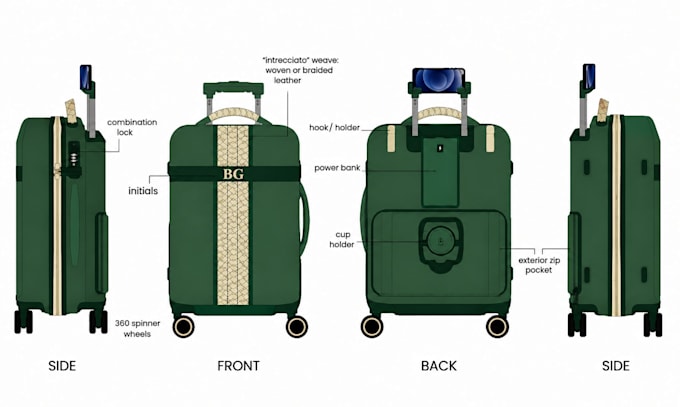 create luggage tech pack, suitcase, carry on, trolley, specs, production ready