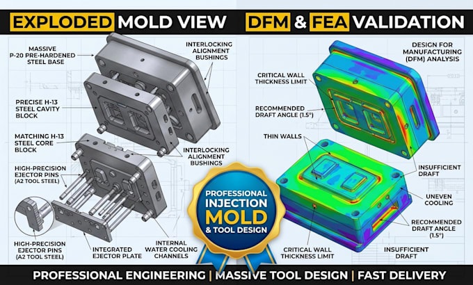 do precised injection mold design, core cavity separation and industrial tooling