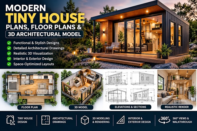 design modern tiny house plans, floor plans and 3d achitectural model
