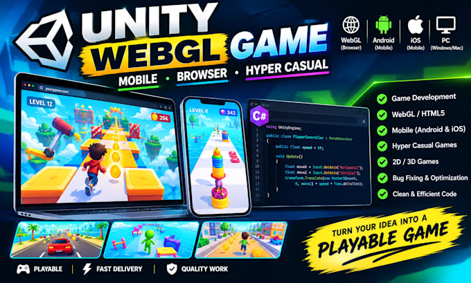 develop unity webgl game, build mobile hyper casual game and browser