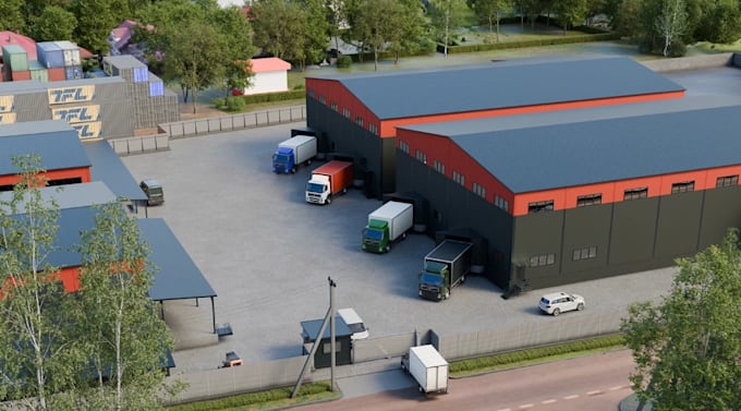 architectural render, 3d warehouse, facility,paved yard, landscape visualization