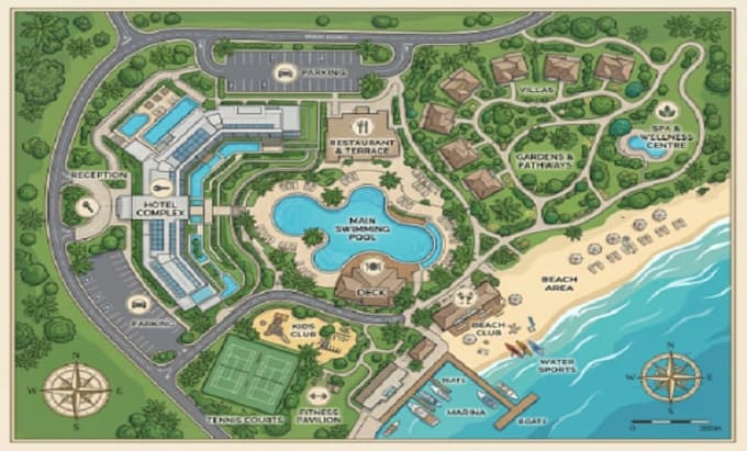 design an illustrated tourist, hotel or resort vector map