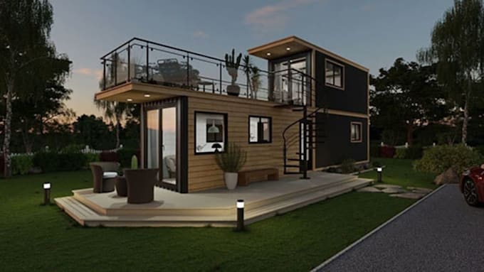 create 3d tiny house, tiny container with 3d rendering design