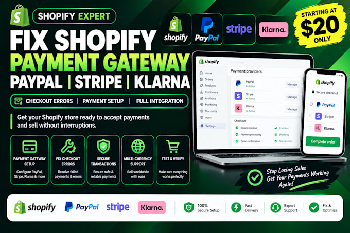fix shopify payment gateway paypal stripe klarna checkout errors payment setup
