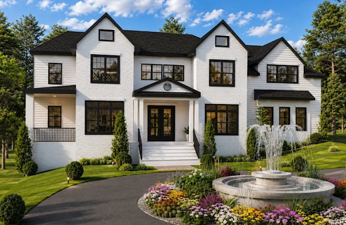 layout3d farmhouse interior,front elevation,garden,facade,driveway,night render