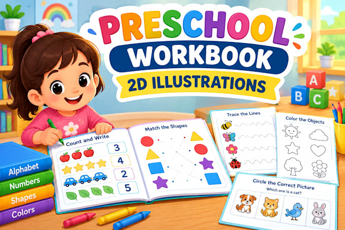 illustrate preschool educational workbooks with 2d characters