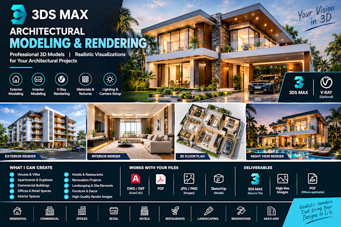 create a 3d architectural model and realistic render using 3ds max