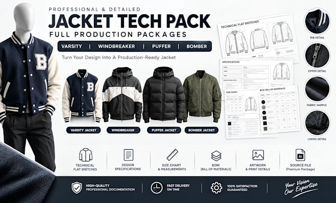 design full production packages for varsity, windbreaker, puffer and bomber