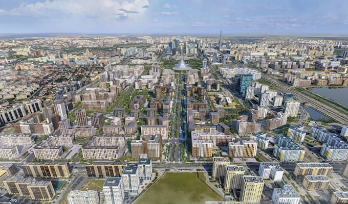 visualize 3d site plan, mixed use development,city masterplan,aerial view render