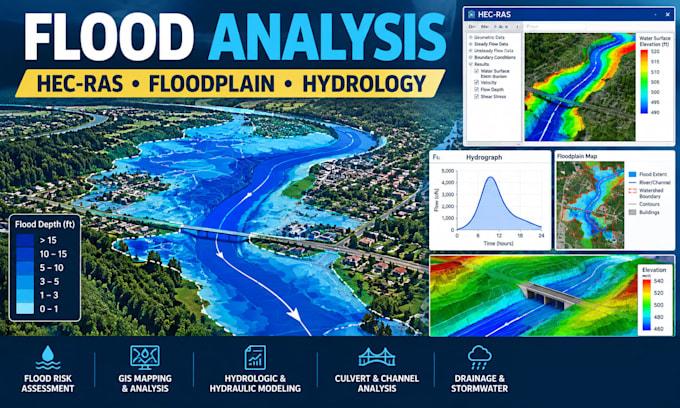 perform flood analysis, hec ras modeling and floodplain mapping