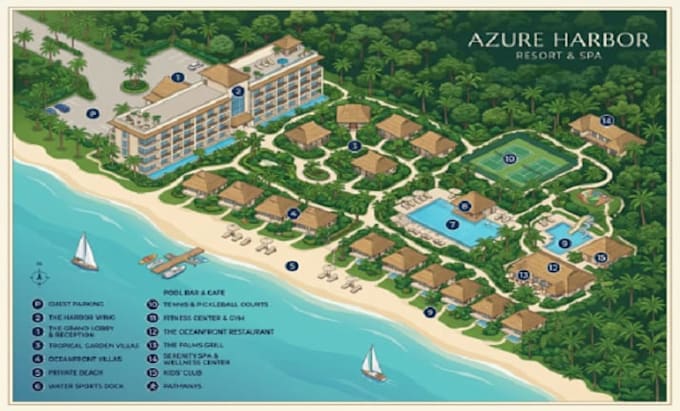 create an illustrated resort, hotel and vacation map