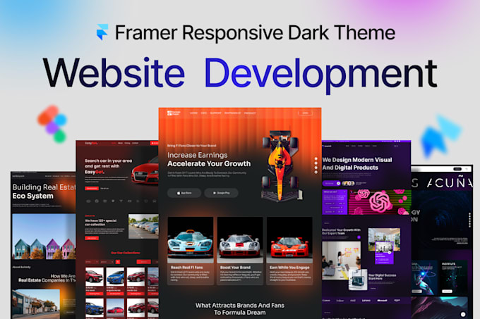 landing page development in framer website development dark theme