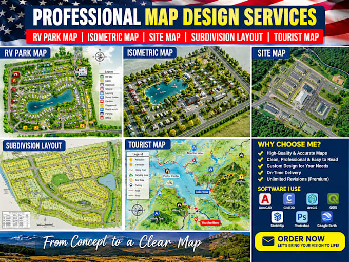 create rv park map, isometric map, site map, subdivision layout, tourist map