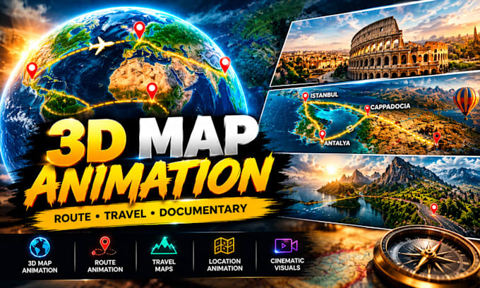 create 3d map animation, route animation and travel map animation