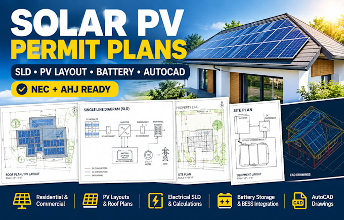 design solar permit plan sets, electrical sld, and battery storage pv layouts