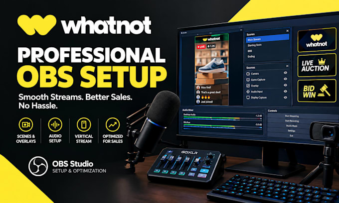 setup professional whatnot vertical with obs stream for gaming