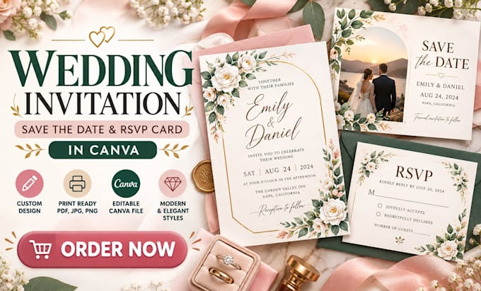 design wedding invitation, save the date and rsvp card in canva