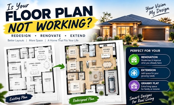 redesign house floor plan for renovation or granny flat