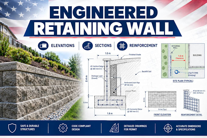 design engineered retaining walls with elevations sections and reinforcement