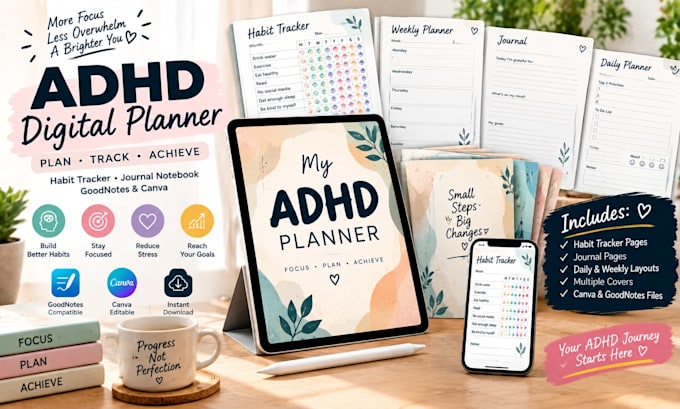 do adhd digital planner habit tracker, goodnotes journal canva, journal notebook