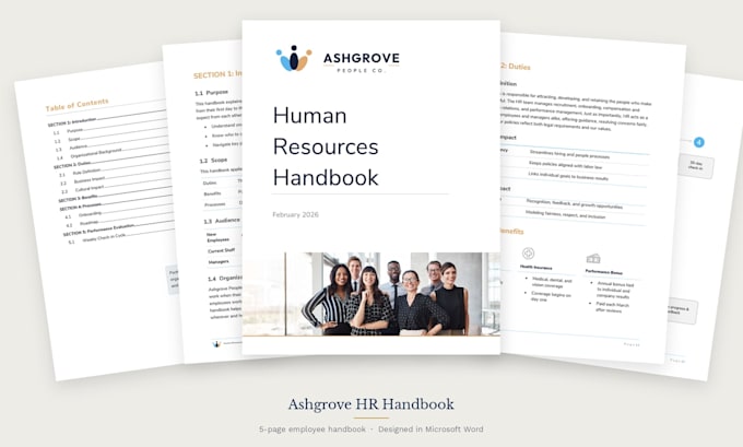 design a professional employee handbook or training manual in ms word