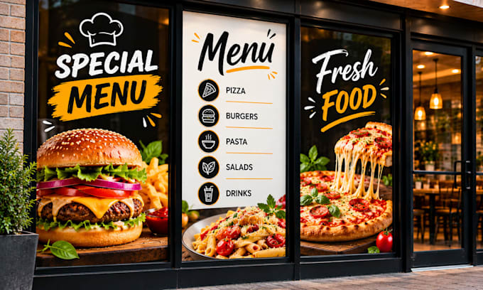create restaurant window graphic, menu decals, storefront branding for cafe shop