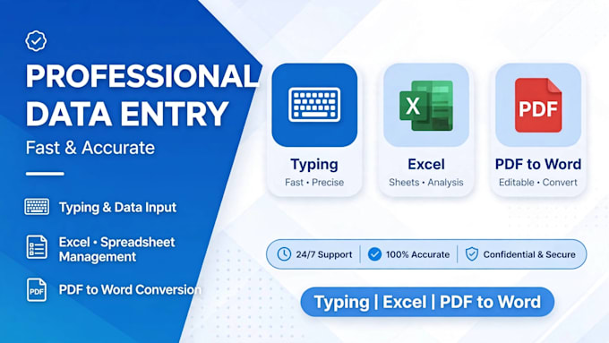 do data entry, typing, excelwork, pdf to word, copy paste