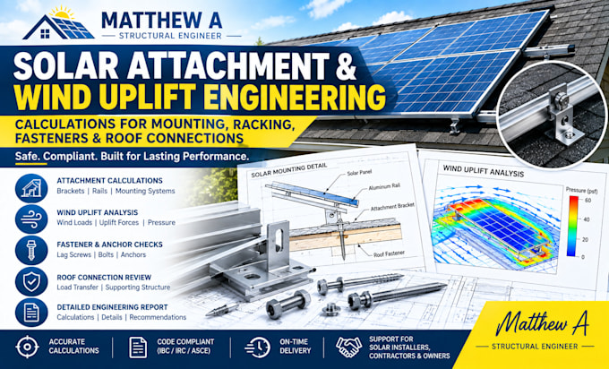 calculate solar panel attachments, mounting, racking and wind uplift