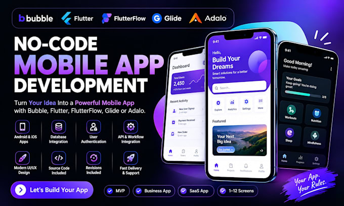 build bubble io no code app flutter glide adalo flutterflow mobile app developer