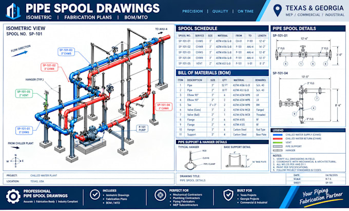 create texas georgia isometric pipe spool drawings, plumbing and fabrication bom