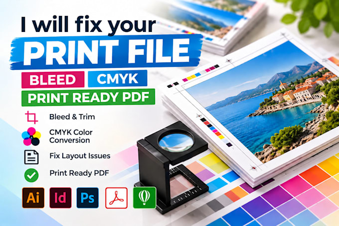 fix your print file, bleed, cmyk and prepare print ready PDF