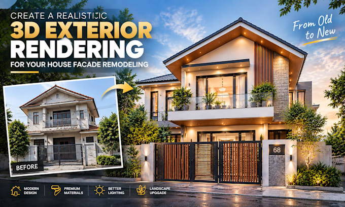 create a realistic 3d exterior rendering for your house facade remodeling
