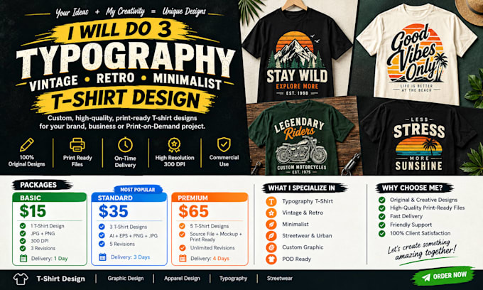 do 3 typography vintage t shirt design