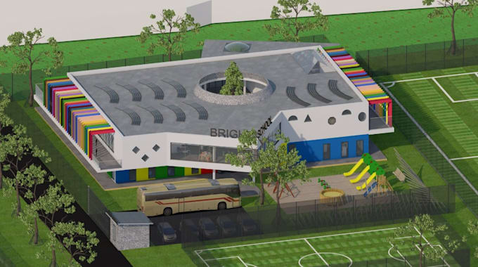 design modern 3d school campus models, educational institution animations, vray
