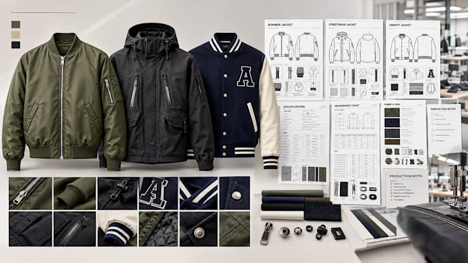 create bomber jacket, streetwear, custom varsity  tech pack for manufacturing