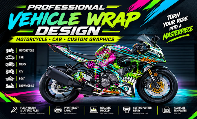create a motorcycle wrap design and a car wrap design
