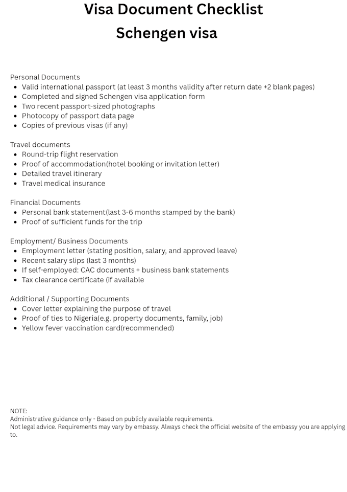 create a complete schengen visa document checklist