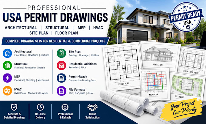 architect and structural, mep, hvac, site plan, floor plan USA permit drawing
