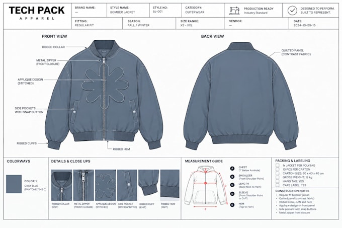 create bomber varsity jacket tech pack for streetwear brands and production