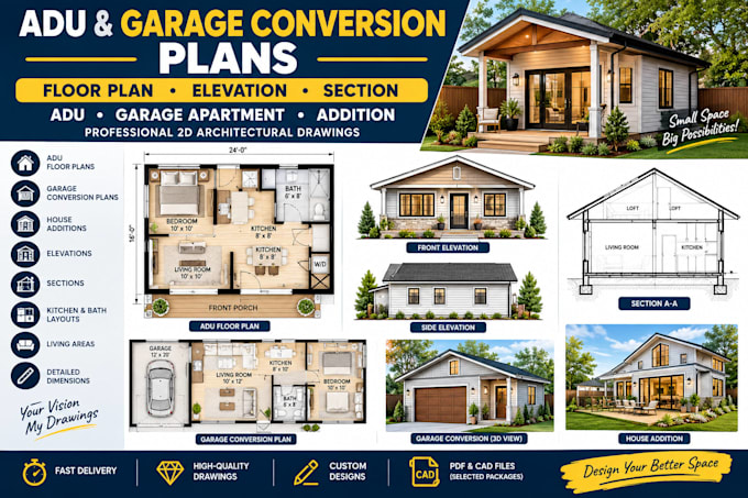 design adu floor plans, garage conversion plans, elevations and sections