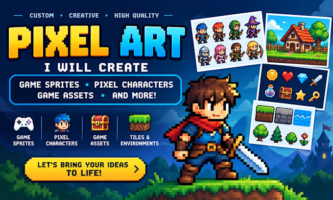 create unique pixel art, game sprites, pixel characters and game assets